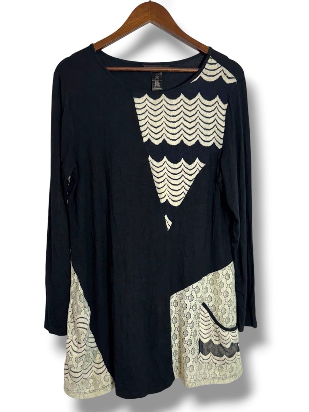 Ali Miles Black & Beige Lace Detail Tunic Blouse Top Women’s Large